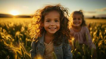 Due giovane ragazze guardando a il tramonto nel un' campo. generativo ai foto