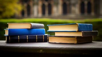 un' momento di solitudine libri di cui su su un' Università panca.. generativo ai foto