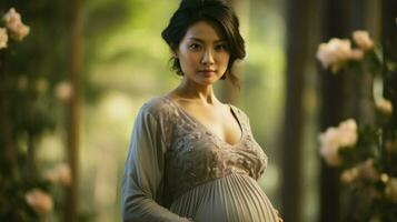 incinta asiatico donna nel contemplazione.. generativo ai foto