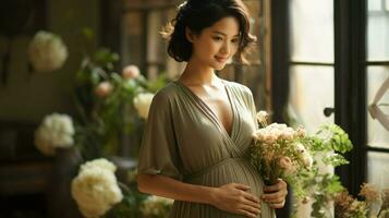 incinta asiatico donna in piedi di un' finestra.. generativo ai foto