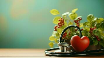 stetoscopio e rosso cuore con frutta ricordando di Salute nel il sfondo.. generativo ai foto
