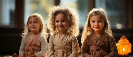 gruppo di poco ragazze vestito nel leggero toni sorridente insieme fare yoga.. generativo ai foto