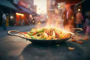 tailandese wok strada. creare ai foto