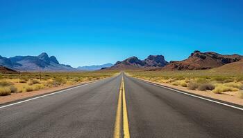 itinerario 66 autostrada strada a mezzogiorno chiaro cielo deserto montagne sfondo paesaggio ai generato foto