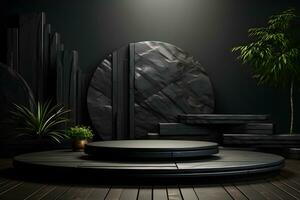 futuristico buio camera con pietra pavimento, 3d rendere. ai generativo illustrazione. podio per Prodotto sparare. foto