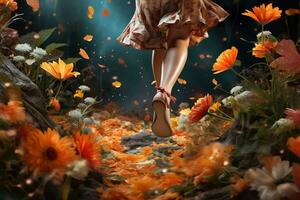 bellissimo gambe di un' giovane ragazza in movimento su caduto le foglie e fiori. autunno concetto. ai generativo foto