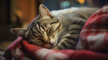 carino soriano gatto addormentato su un' rosso plaid nel il vivente camera. ai generato foto