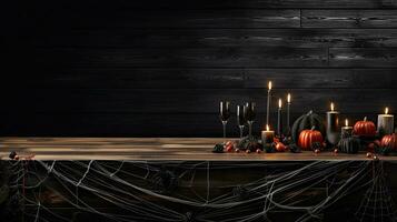 ai generativo zucche e un' candela su di legno sfondo. autunno ancora vita. Halloween sfondo. foto