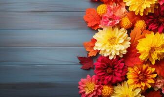 ai generato autunno fiori telaio su di legno sfondo. di stagione giallo e rosso fiori. autunno sfondo. spazio per testo. foto