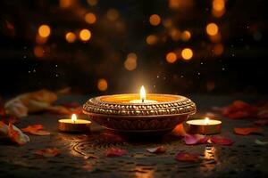 celebrare indiano vacanza Diwali con candele luci e fiori. ai generativo. foto