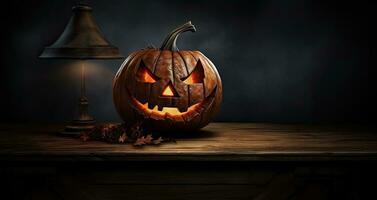 ai generativo Jack lanterna su il tavolo. Halloween notte. ardente candele. Halloween sfondo. foto