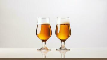 Due bicchieri di birra su un' bianca tavolo con un' bianca sfondo. ai generativo foto