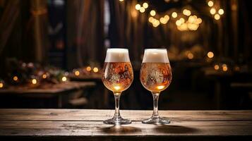 ai generativo Due bicchieri di birra su un' di legno tavolo nel un' pub. bokeh luci su sfondo. foto
