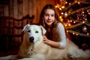 ragazza con un' cane vicino un' raggiante Natale albero. foto
