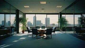 ai generativo. interno di moderno ufficio incontro camera con panoramico città Visualizza foto