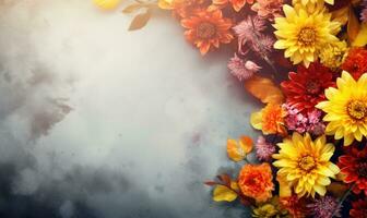 ai generato. autunno fiori telaio su di legno sfondo. di stagione giallo e rosso fiori. autunno sfondo. spazio per testo. foto