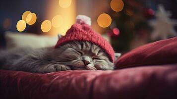 ai generato bellissimo siberiano gatto nel rosso Natale cappello addormentato su divano a casa foto