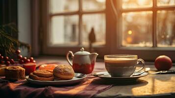 ai generato Immagine. tazza di caffè e biscotti su un' tavolo di il finestra. bokeh luci su sfondo. foto