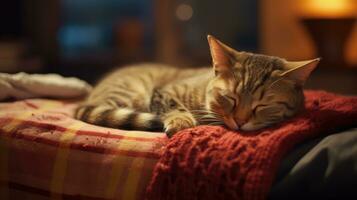 carino gatto addormentato su divano a casa, avvicinamento. bello animale domestico ai generato foto