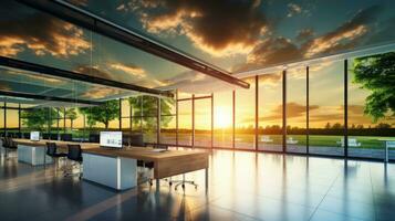 ai generativo moderno ufficio interno con panoramico finestre e tramonto foto