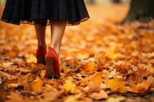 bellissimo gambe di un' giovane ragazza in movimento su caduto le foglie. autunno concetto. ai generativo foto