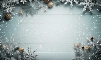 ai generato Natale sfondo. abete rosso ramo e i fiocchi di neve telaio. spazio per testo. foto