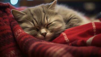 carino soriano gatto addormentato su un' rosso plaid nel il vivente camera. ai generato foto