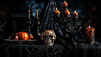 ai generativo Jack lanterna su il tavolo. Halloween notte. ardente candele. Halloween sfondo. foto