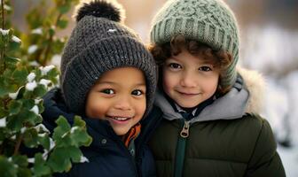 Due bambini sorridente insieme. inverno stagione. tramonto luce. ai generato foto