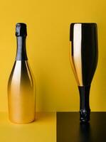 Due elegante bottiglie di Champagne su un' giallo-nero sfondo foto