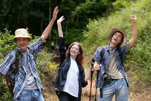 gruppo di amico su un' soleggiato giorno nel il foresta giovane gruppo escursionista con zaino e il trekking poli foto