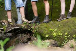 escursioni a piedi scarpe su un' log o rocce nel il foresta. foto