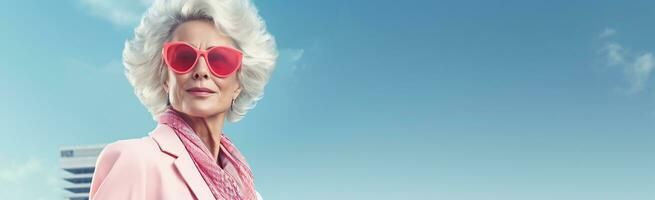 55 anni attività commerciale donna con grigio capelli contro il cielo città bandiera sfondo. ai generativo foto