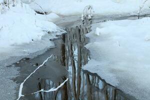 bianca neve, il ruscello è coperto con magro Ghiaccio, alberi siamo riflessa nel il acqua, inverno paesaggio foto