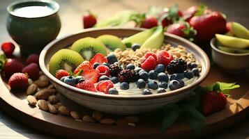 frullato, muesli, semi, fresco frutta nel un' ciotola. salutare prima colazione foto