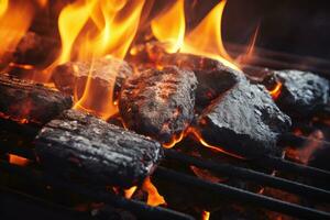 avvicinamento di ardente carbone su barbecue griglia con fiamme e Fumo. barbecue griglia fossa con raggiante e fiammeggiante caldo carbone bricchette, vicino su, ai generato foto