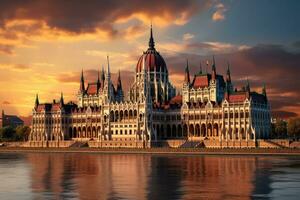 parlamento edificio nel budapest, Ungheria a tramonto con riflessione nel Danubio fiume. bellissimo edificio di parlamento nel budapest, popolare viaggio destinazione, ai generato foto