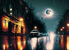 pioggia su il strada a notte con luci foto