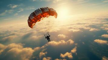 skydiver mosche al di sopra di il nuvole contro il luminosa sfondo di il sera sole generativo ai foto