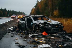 schiacciare auto incidente su il strada generativo ai foto