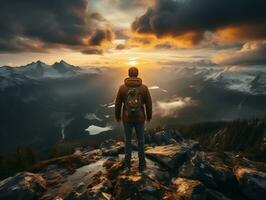 un' escursionista in piedi su un' montagna picco, con un' mozzafiato tramonto cielo come il fondale generativo ai foto