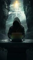 pirata digitando su il computer portatile anonimo concetto. generativo ai foto