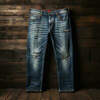 ai generato blu jeans jeans con legna sfondo foto