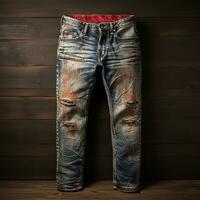 ai generato blu jeans jeans con legna sfondo foto