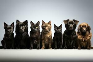 gruppo di cani e gatti seduta nel davanti di un' bianca sfondo. ai generativo foto