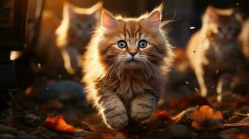 carino Zenzero gattino con arancia occhi su il sfondo di autunno le foglie. ai generativo foto
