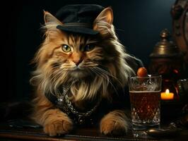 carino Maine coon gatto nel nero cappello con sigaro e bicchiere di whisky. foto