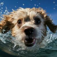 ritratto di un' contento d'oro cane da riporto nuoto nel il piscina, spruzzi nel il acqua. ai generativo foto