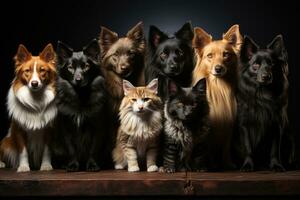 gruppo di cani e gatto nel un' studio su un' nero sfondo. ai generativo foto