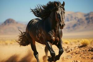 nero arabo cavallo stallone in esecuzione nel il deserto. ai generativo foto